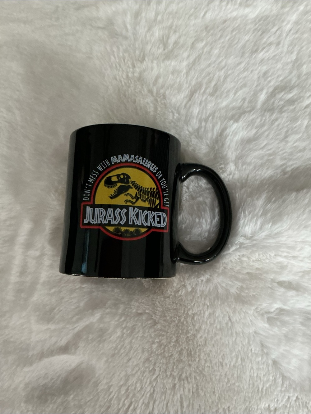 SHEIN Black Mug with Yellow & Red Jurassic Kicked Graphic